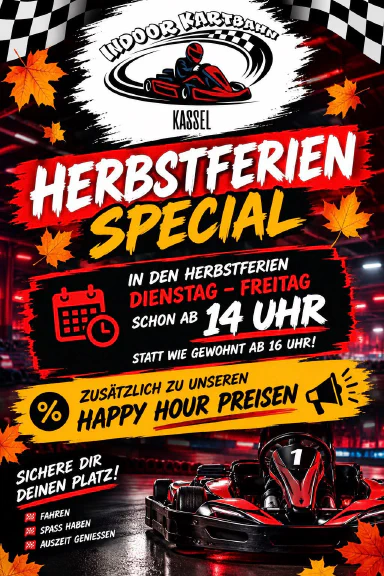 Herbstferien-Special der Indoor Kartbahn Kassel – Dienstag bis Freitag schon ab 14 Uhr